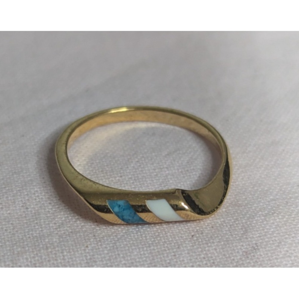turquoise white inlay band Womens gold ring size 8 unisex‎ mens